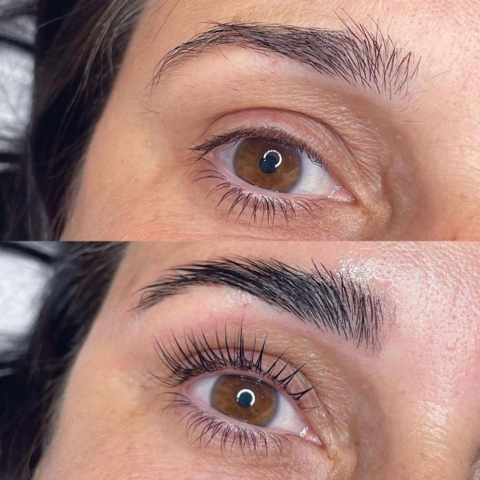 Close up of eye showing before and after lash lift treatment