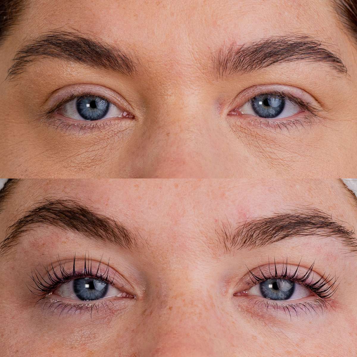 Close up before and after of lash lift treatment