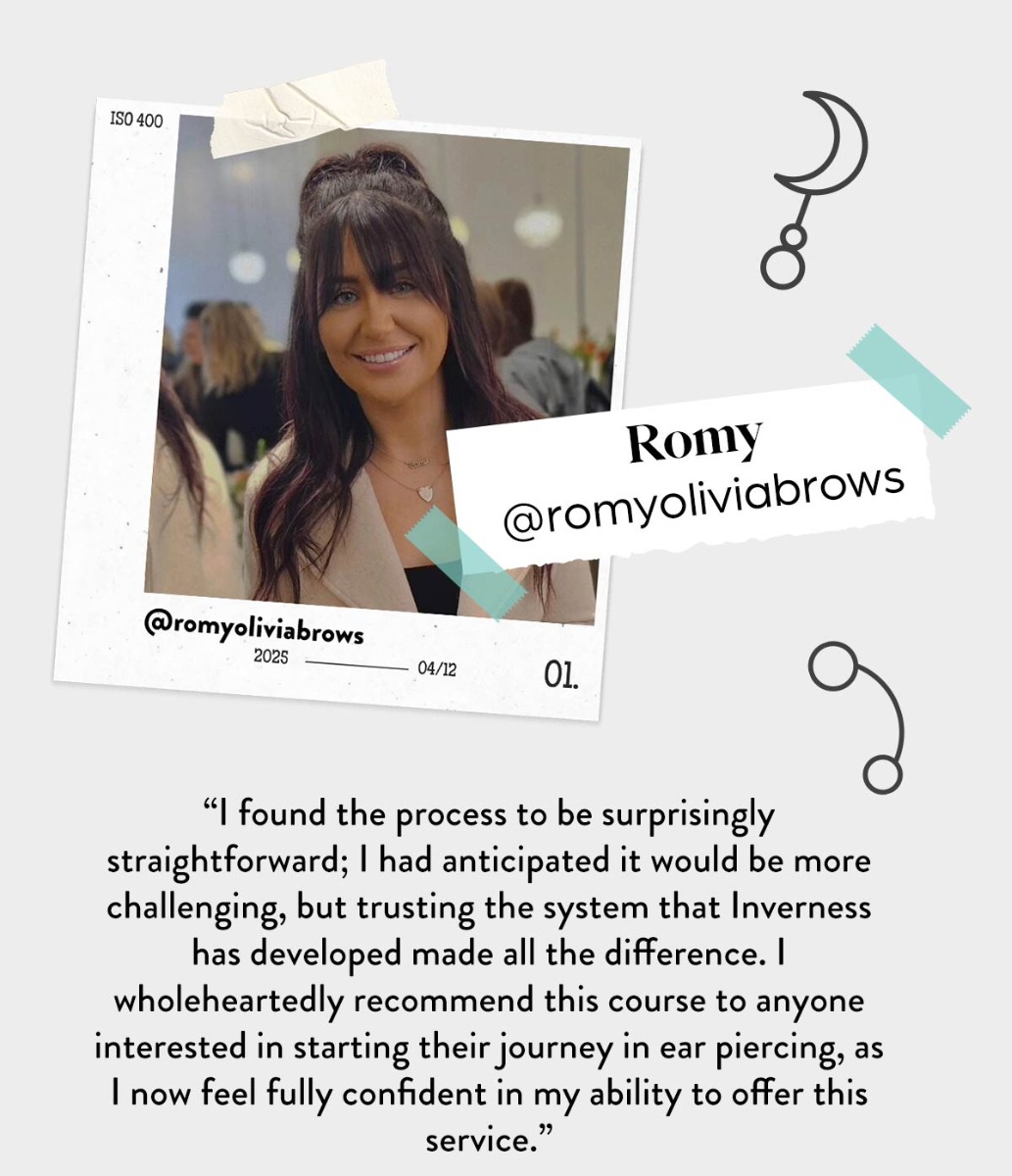 Image of brow artist Romy Olivia and her review of Inverness ear piercing training
